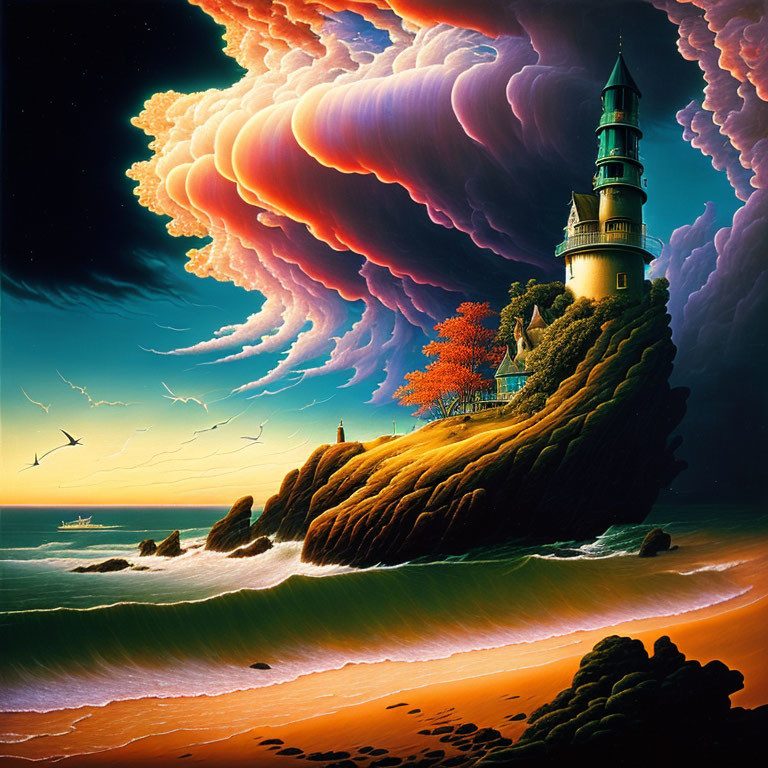 Surreal lighthouse on rocky cliff with swirling clouds, crashing waves, and seagulls.