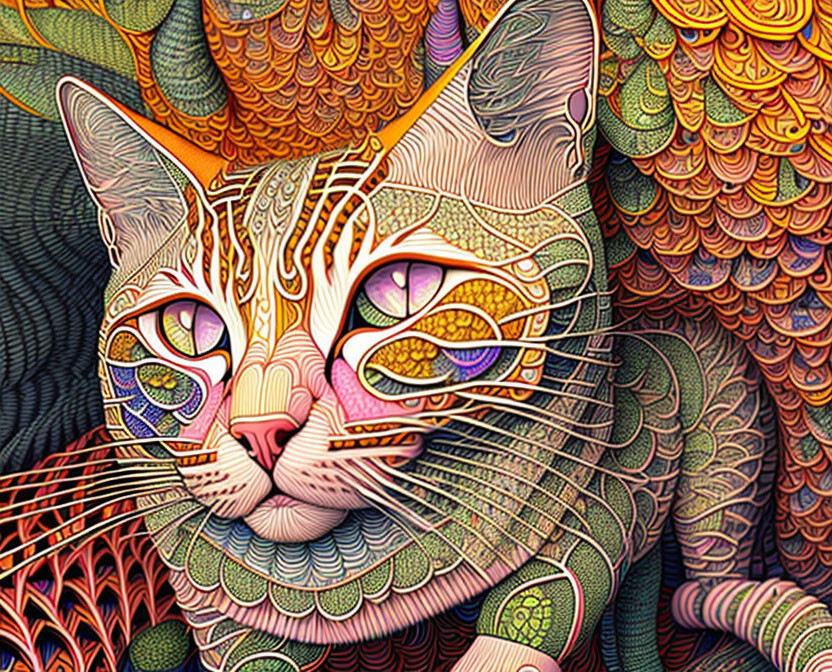 Colorful digital artwork: Intricate patterns and bold colors on a cat.