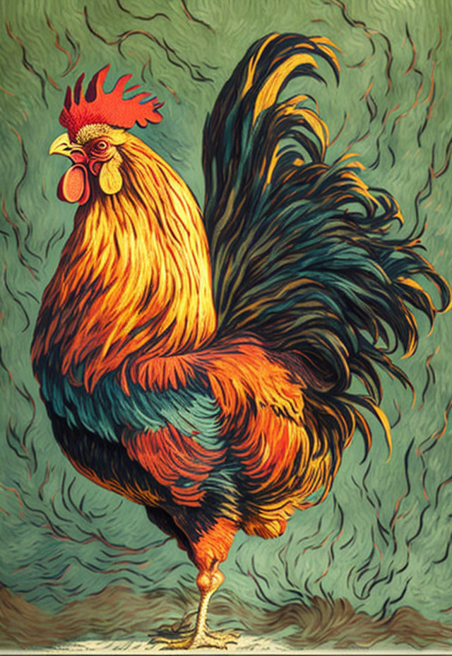 Vibrant Rooster Painting with Textured Feathers in Orange, Red, and Blue