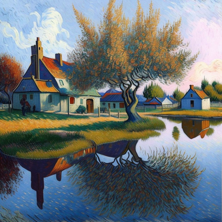 Rustic cottage with pond reflection under bright sky in Van Gogh style