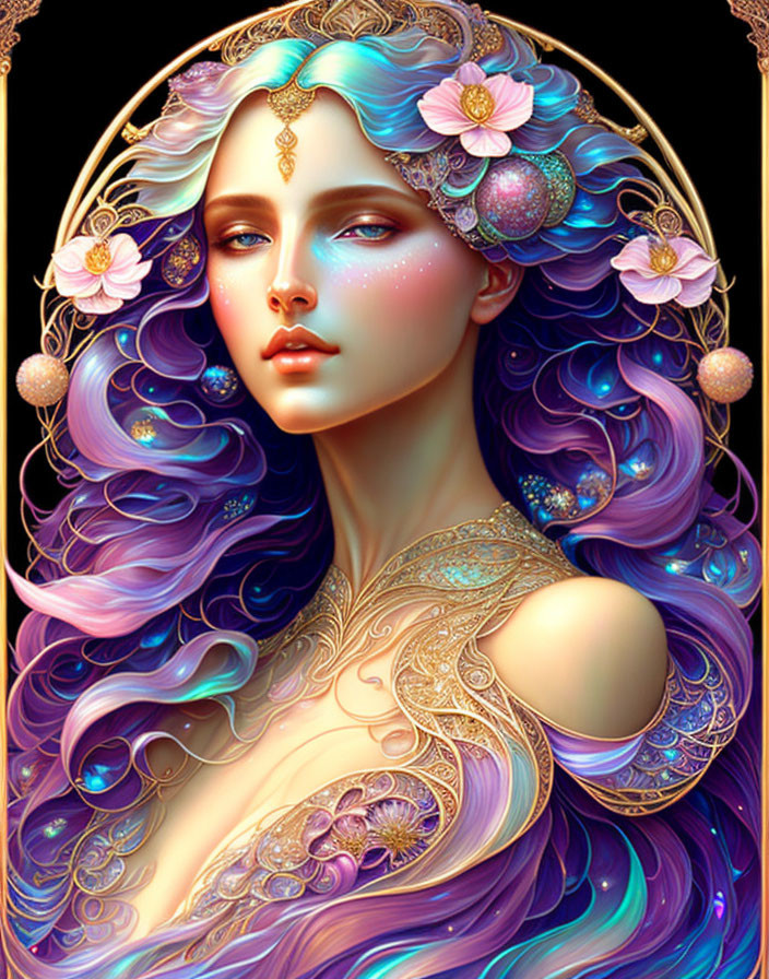 Illustrated woman with violet flowing hair and mystical aura.