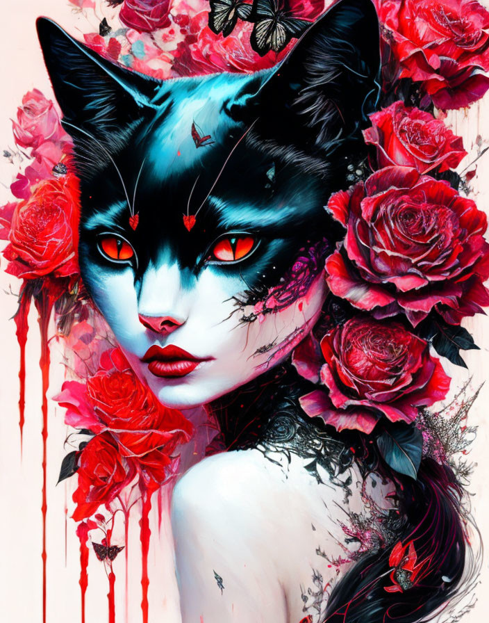 Fantastical illustration of figure with cat's head and red eyes surrounded by red roses