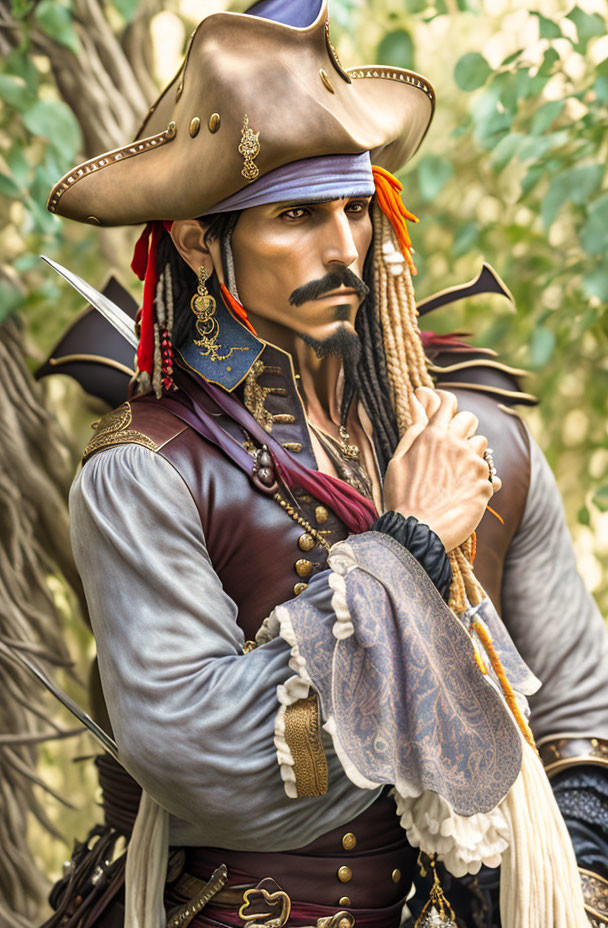 Elaborate pirate costume portrait with tricorner hat, braided beard, and decorated jacket