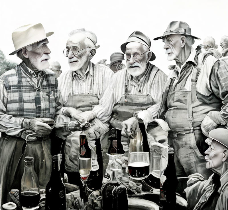 Group of elderly men in overalls and hats socializing with wine bottles on table