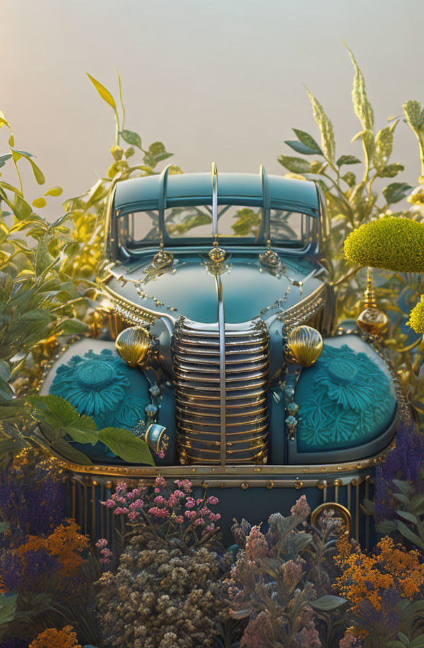 Vintage Blue Car with Ornate Gold Detailing Among Lush Flowers