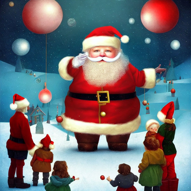 Santa Claus with elves and children in snowy village scene with red ornaments