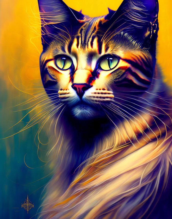 Colorful digital illustration of a tabby cat with green eyes on yellow background