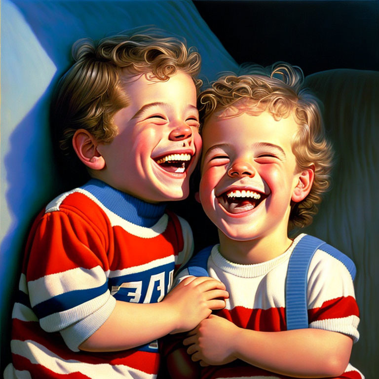 Young children laughing and embracing in colorful outfits