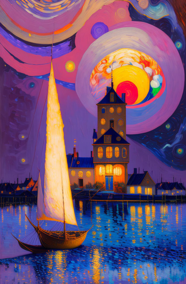 Colorful sailboat painting with whimsical sky and glowing building