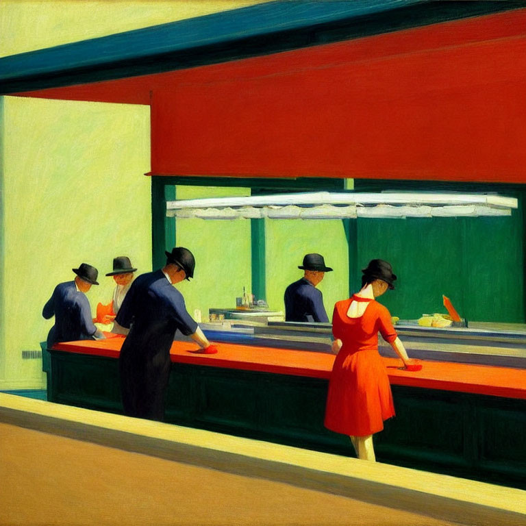 Vibrant diner scene with people at counter and woman in red, bold colors and sharp lines