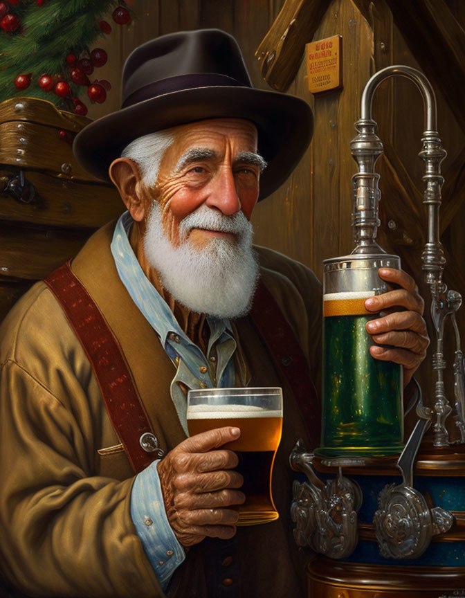 Elderly man with white beard and beer at tap station