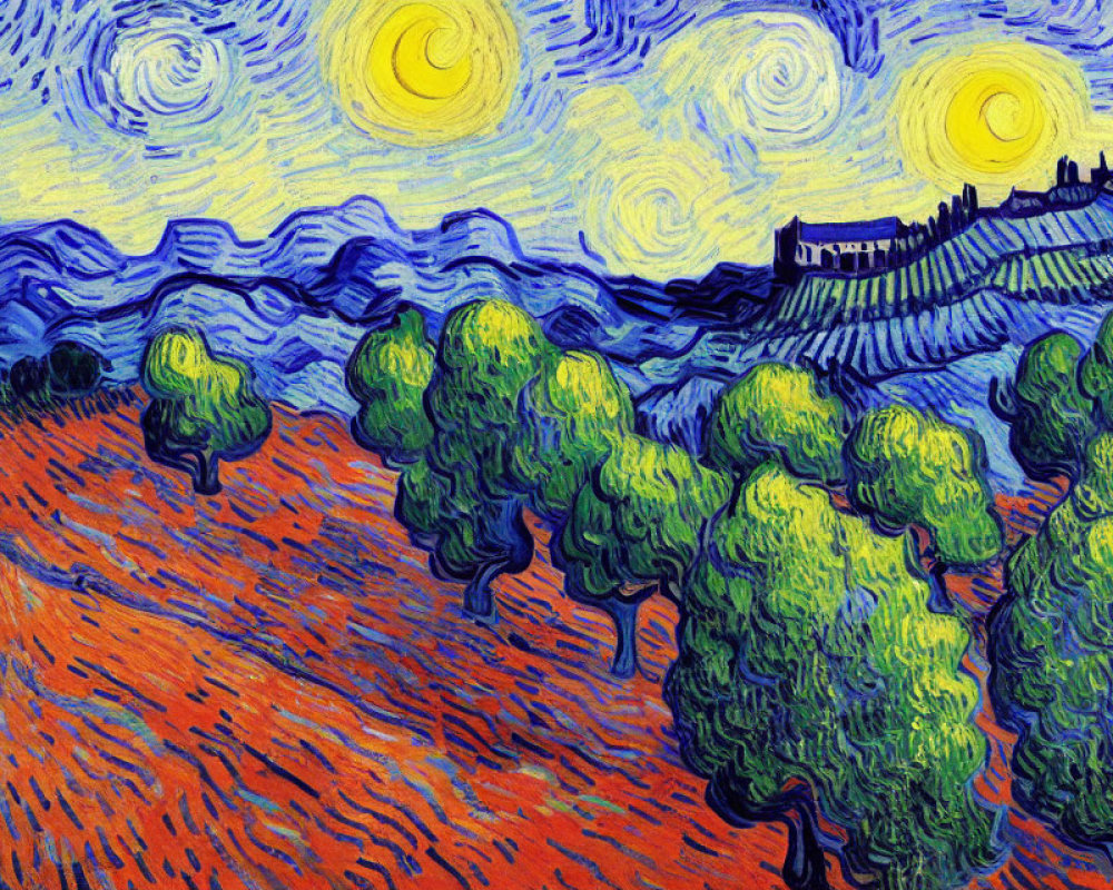 Vibrant painting of night sky, crescent moon, hills, and cypress trees