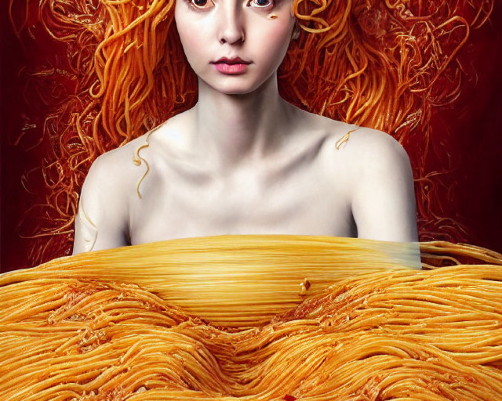 Surrealist portrait: woman with noodle hair emerging from spaghetti