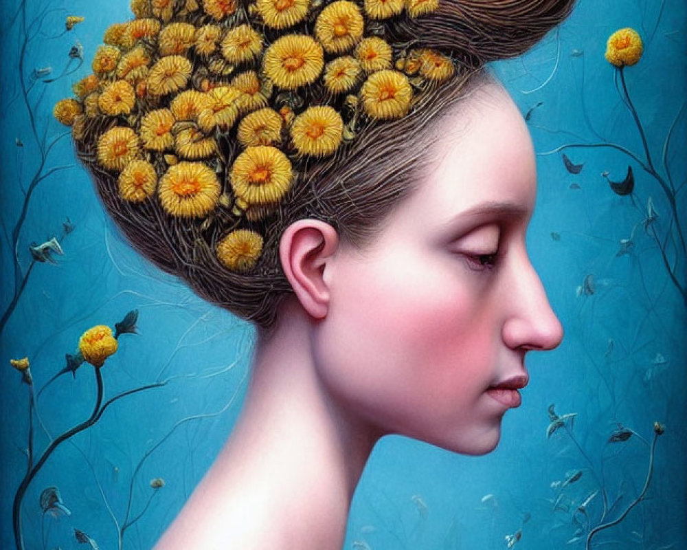 Surreal artwork of woman with yellow flowers and bird on blue backdrop