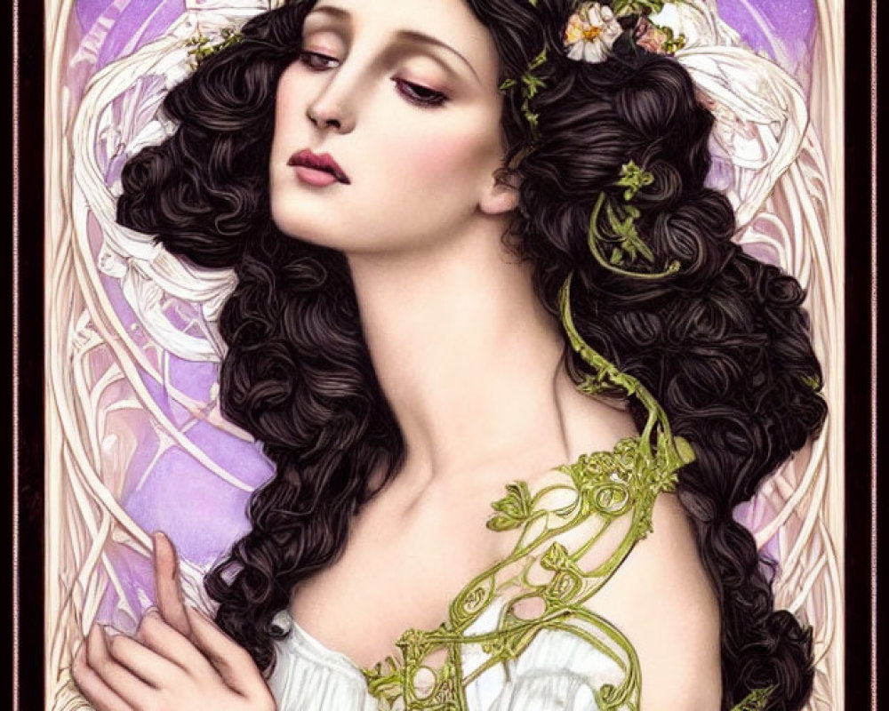 Art Nouveau Woman Illustration with Dark Hair and Floral Adornments