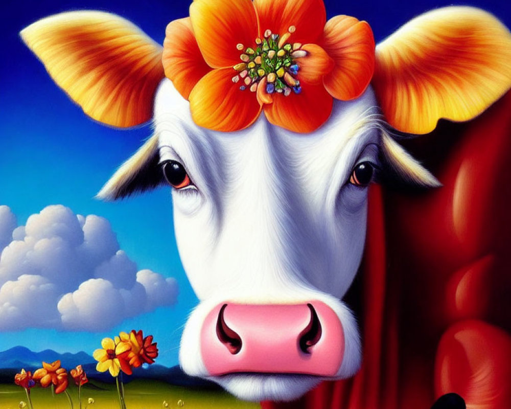 Colorful Cow Painting with Oversized Flower in Vibrant Landscape