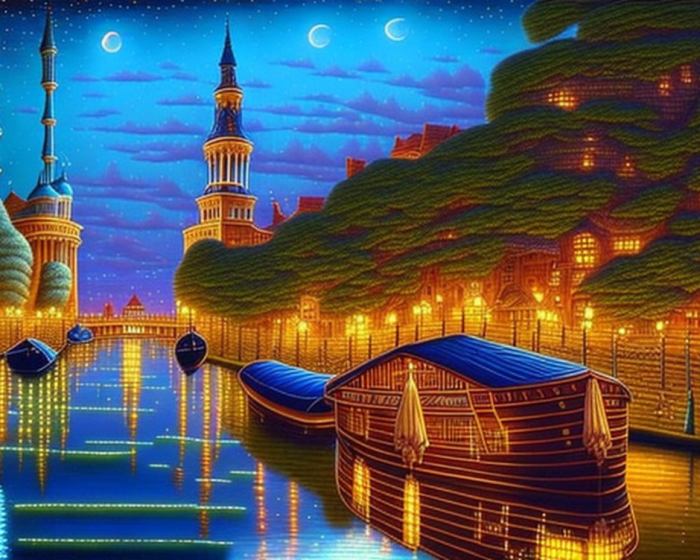 Nighttime cityscape with illuminated buildings, crescent moons, and canal boats