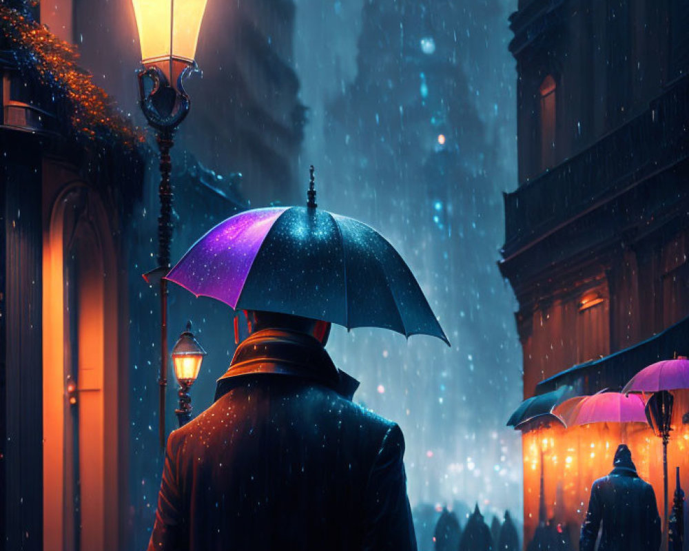 Night city street scene with person holding black umbrella in rain