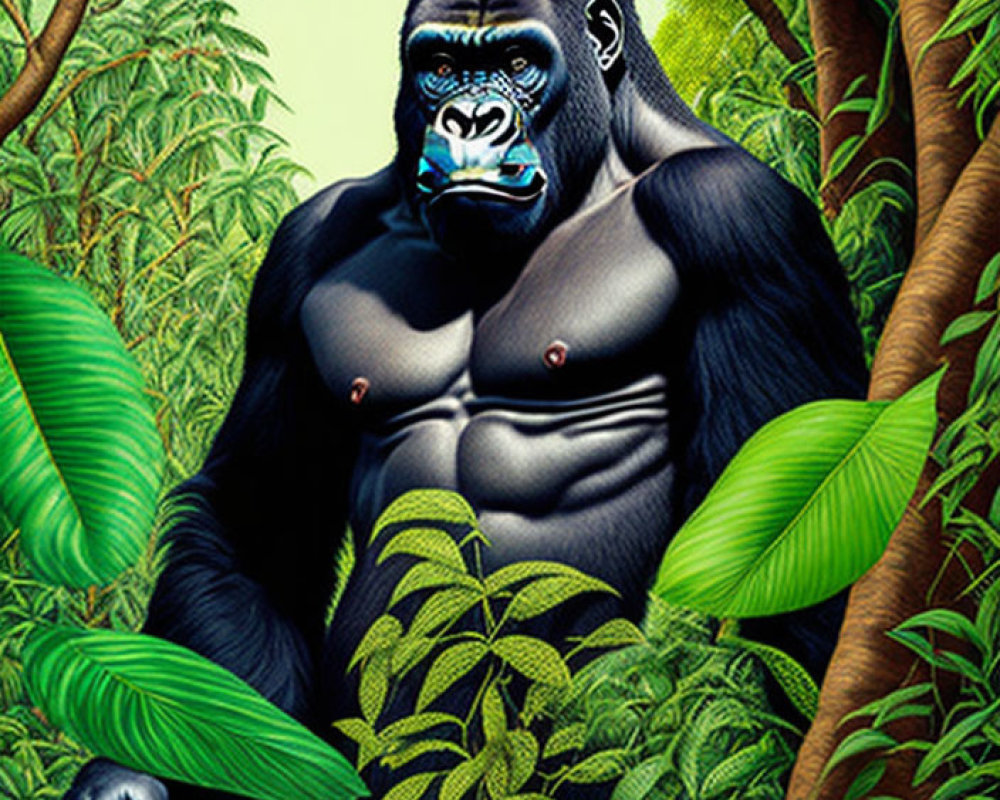 Muscular gorilla in lush jungle setting with piercing gaze