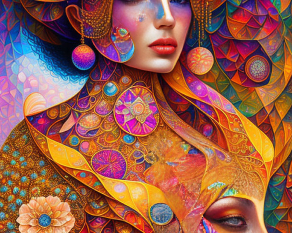 Colorful digital artwork: Two women with elaborate headdresses