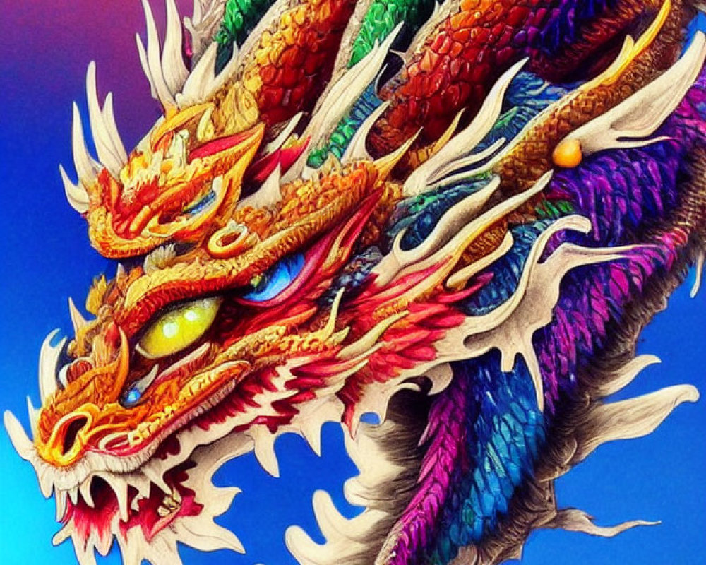 Colorful dragon with intricate scales on blue-orange backdrop in East Asian style