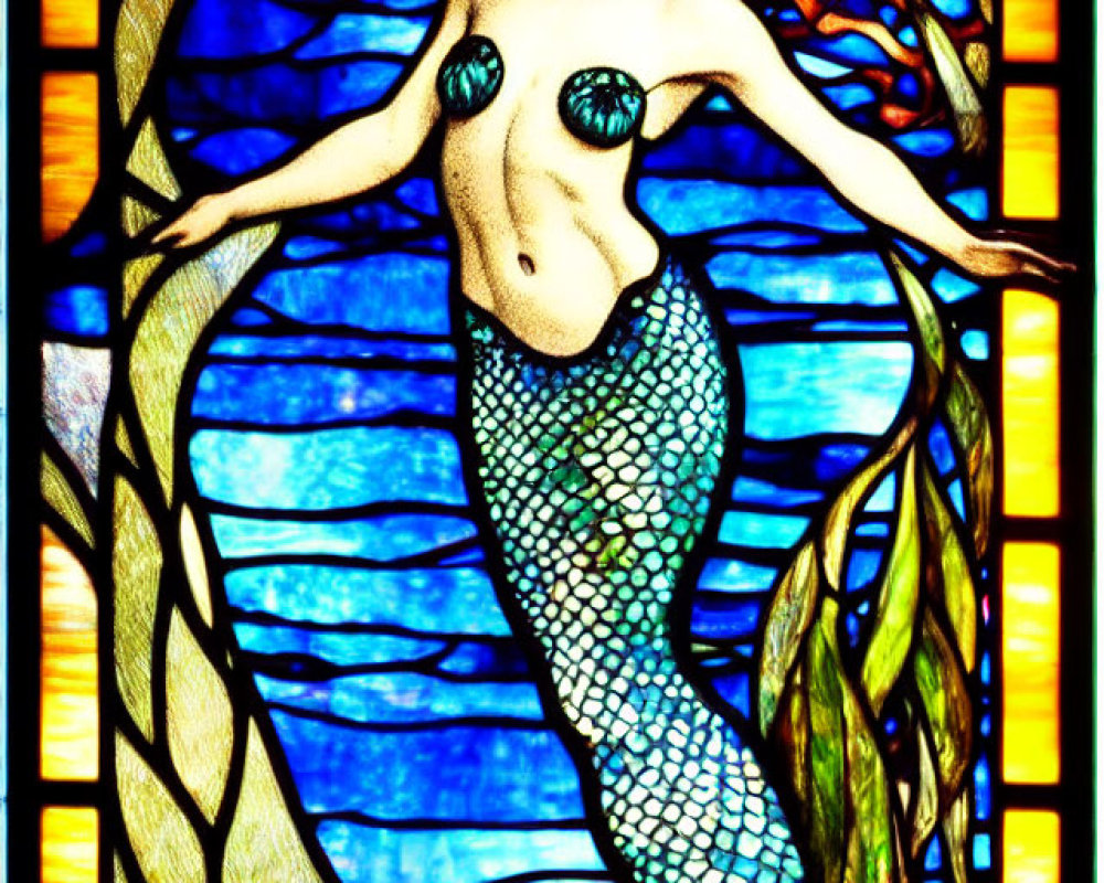 Colorful Mermaid Stained Glass Art with Flowing Hair and Ocean Waves