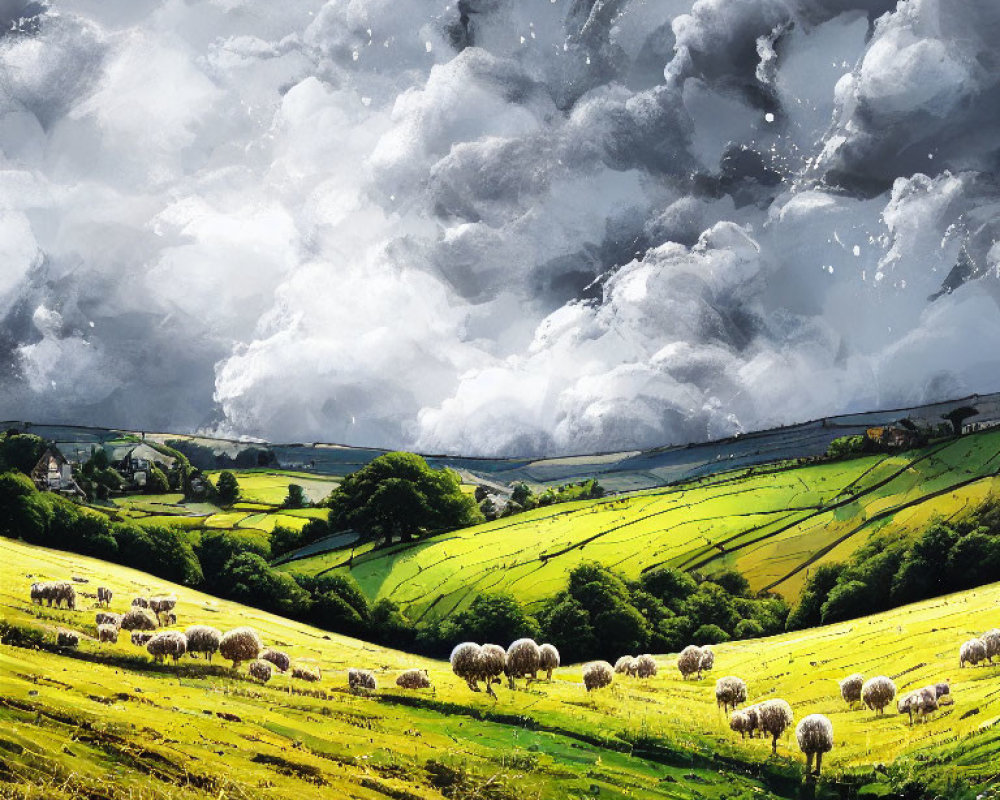 Colorful pastoral landscape with grazing sheep under dramatic sky