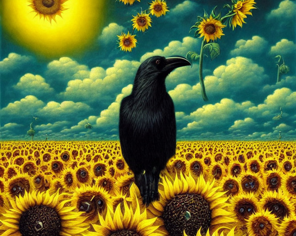 Black crow in vibrant sunflower field under starry sky with bright sun