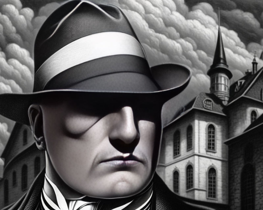 Monochrome portrait of stern-faced man in fedora hat with gothic building and ominous clouds.