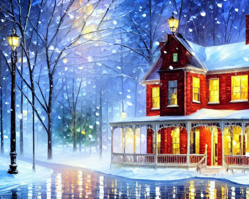 Snowy Evening Scene: Cozy Red House, Street Lamps, and Trees Reflecting on I