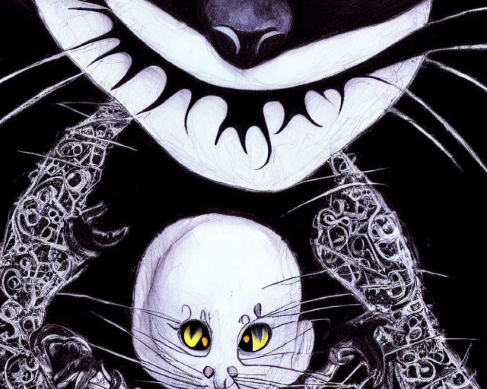 Monochrome drawing of Cheshire Cat with smaller cat inside