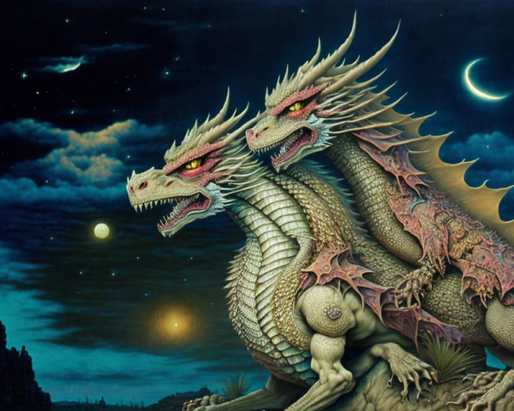 Two-headed dragon under starry night sky with crescent moon