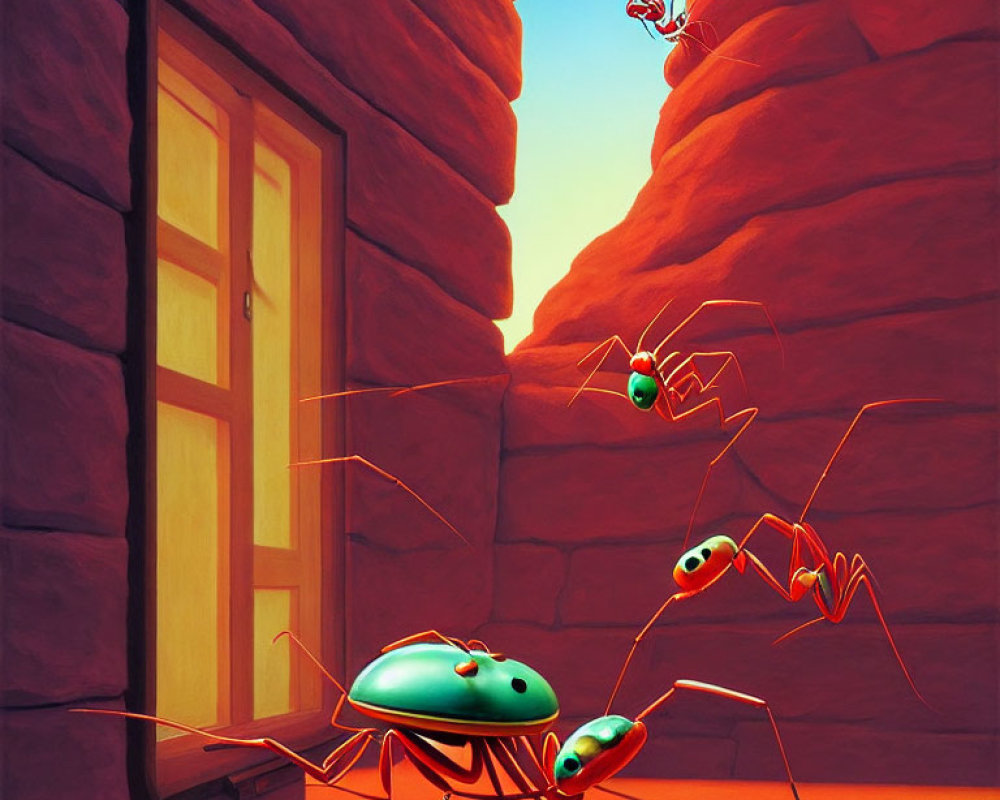 Colorful Animated Image: Three Ants in Red Rock Canyon, One Climbing Wall towards Door