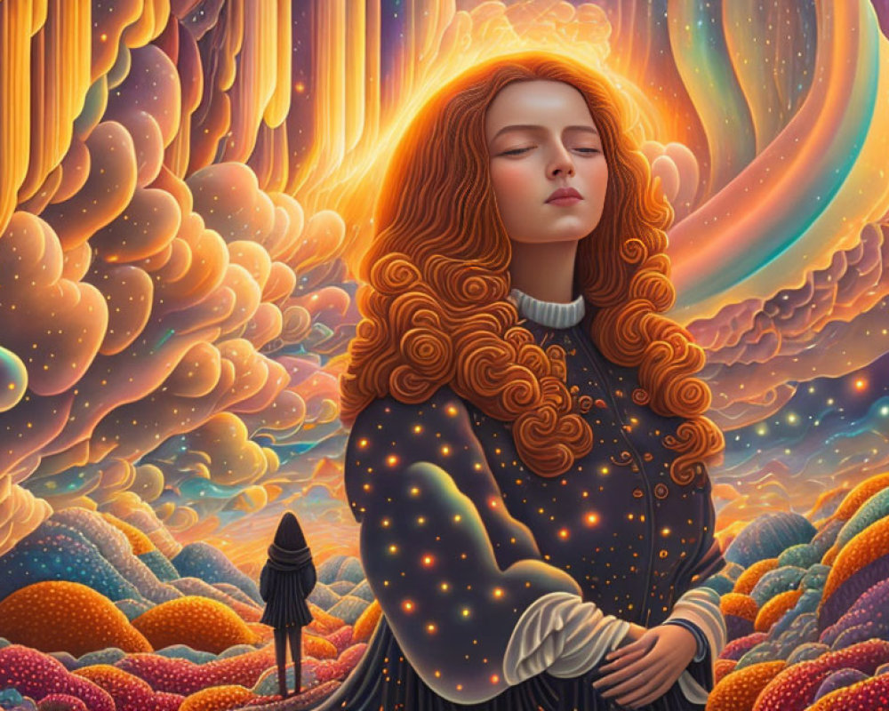 Illustrated red-haired woman in surreal celestial landscape