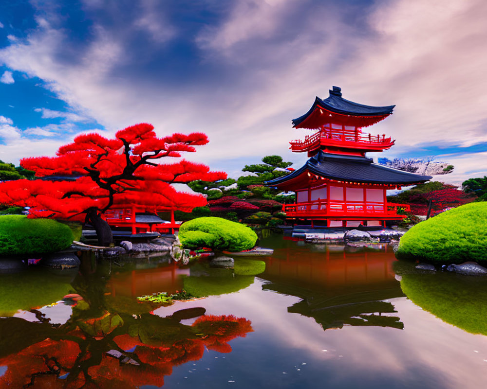 Japanese Garden with Red Pagoda, Fiery Trees, Reflective Pond, and Blue Sky