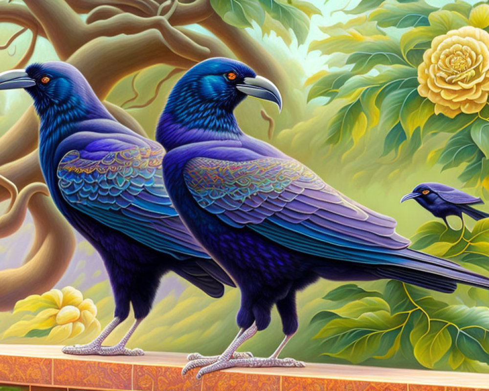 Iridescent blue ravens with twisted trees and yellow flower