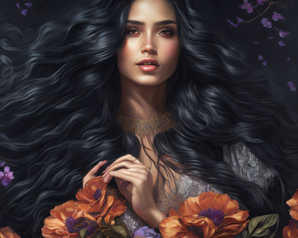 Woman with flowing black hair in lace top among orange flowers and purple accents