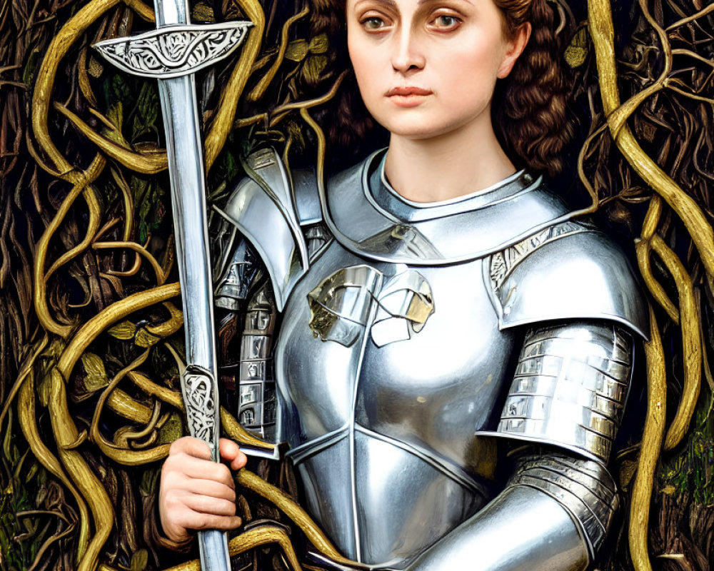 Female warrior in shining armor with sword among branches.