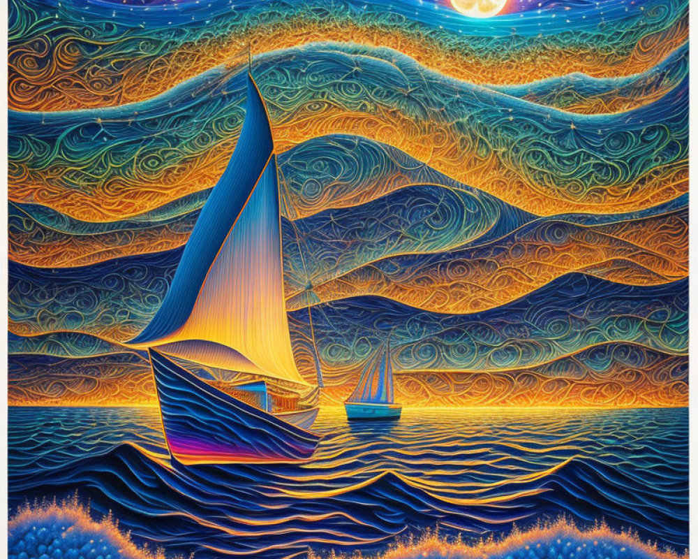 Sailboat on wavy seas under a starry sky with full moon