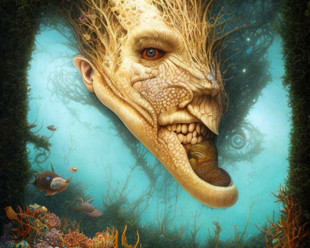 Surreal underwater scene with human-like eye creature amidst vibrant marine life