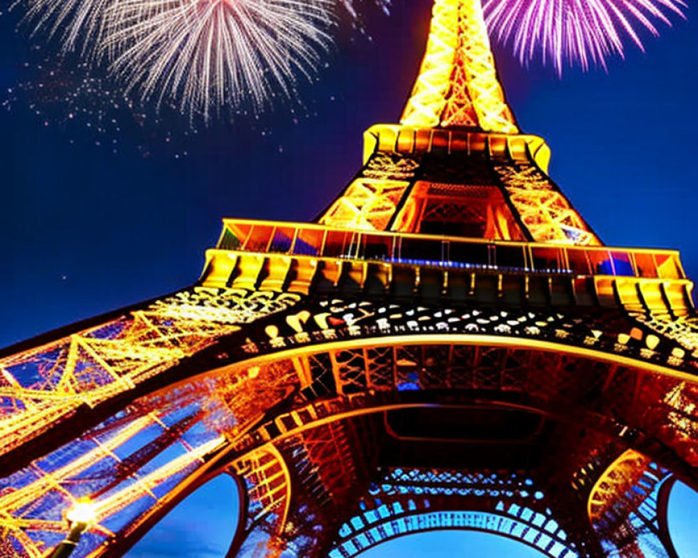 Iconic Eiffel Tower Night Scene with Dusk Sky & Fireworks