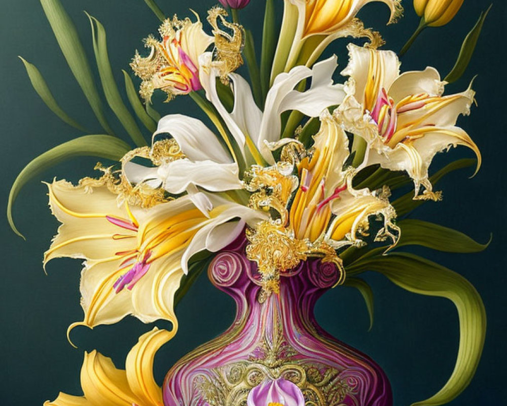 Detailed Still-Life Painting of Tulips and Lilies in Purple Vase