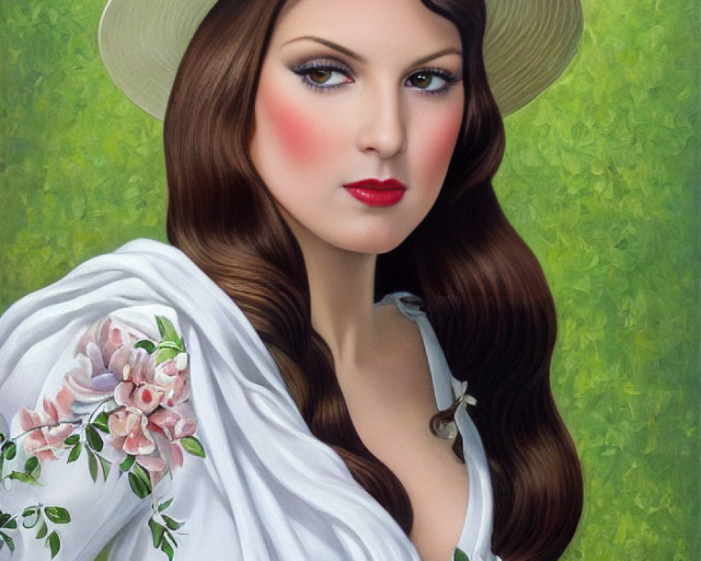 Portrait of woman with long brown hair, red lips, white hat, floral dress on green background