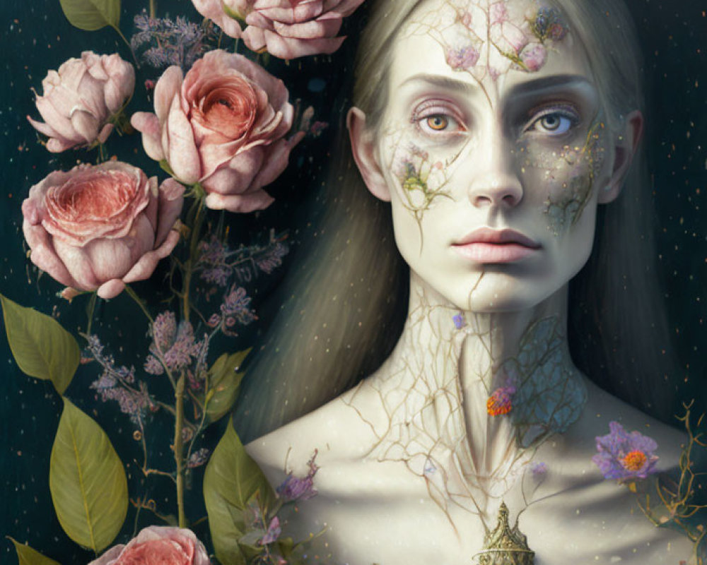 Surreal portrait with floral elements on pale skin