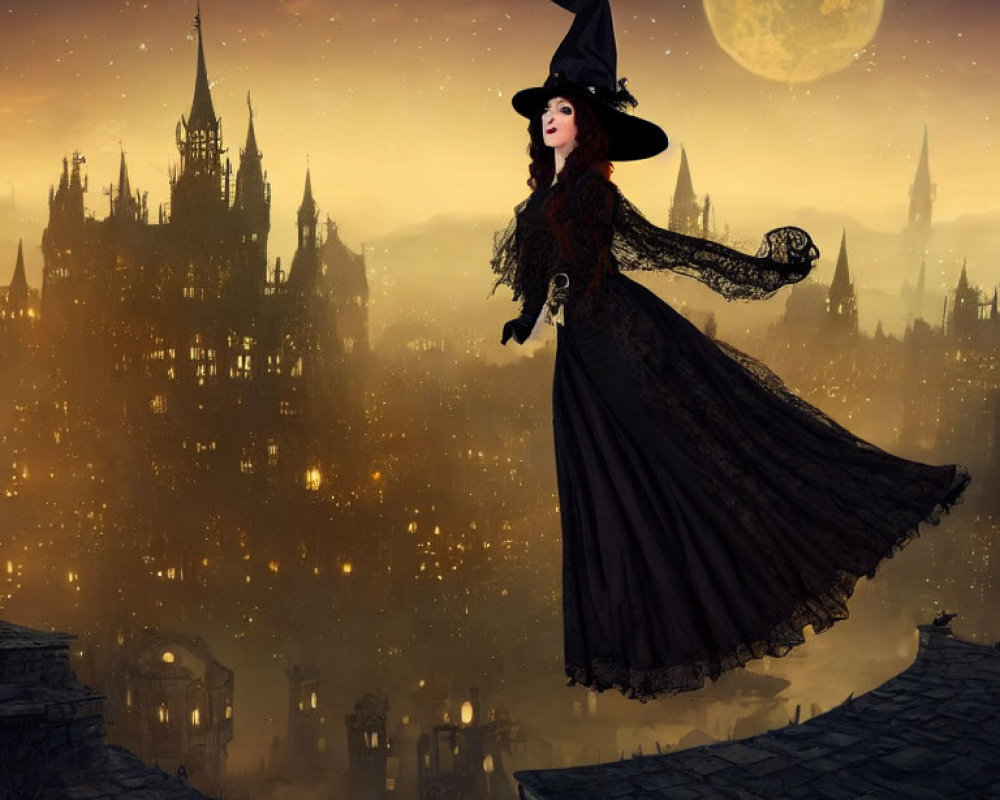 Witch in black dress and hat on building with magical castle and full moon