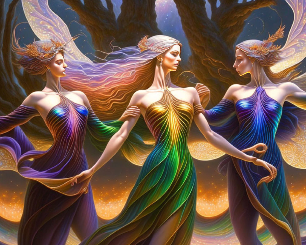 Ethereal women dancing in magical forest with cosmos background