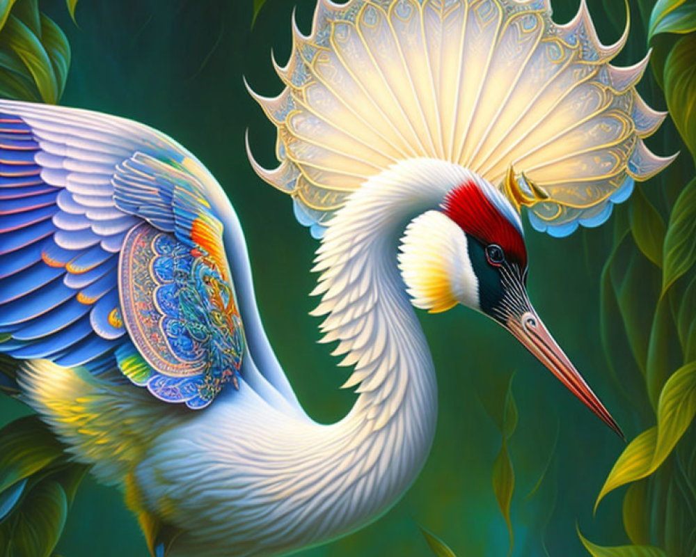 Detailed White Crane Image with Blue Wings & Ornate Pattern