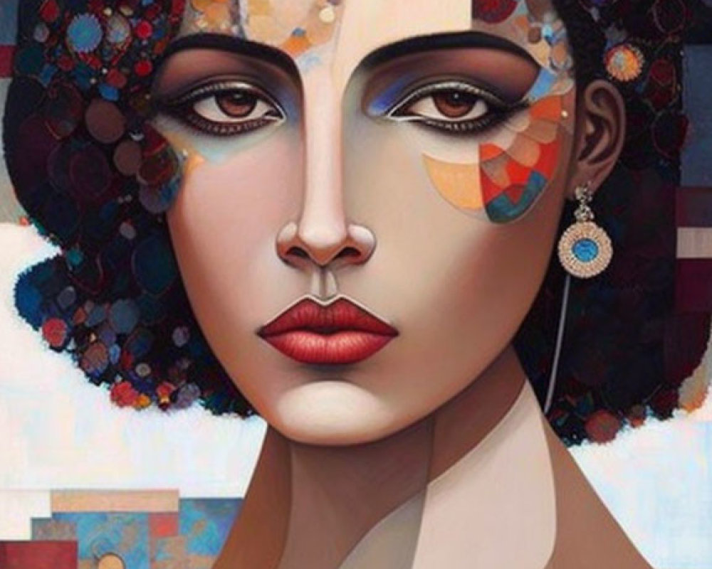 Abstract portrait of woman with colorful patterned hairdo and geometric shapes on face