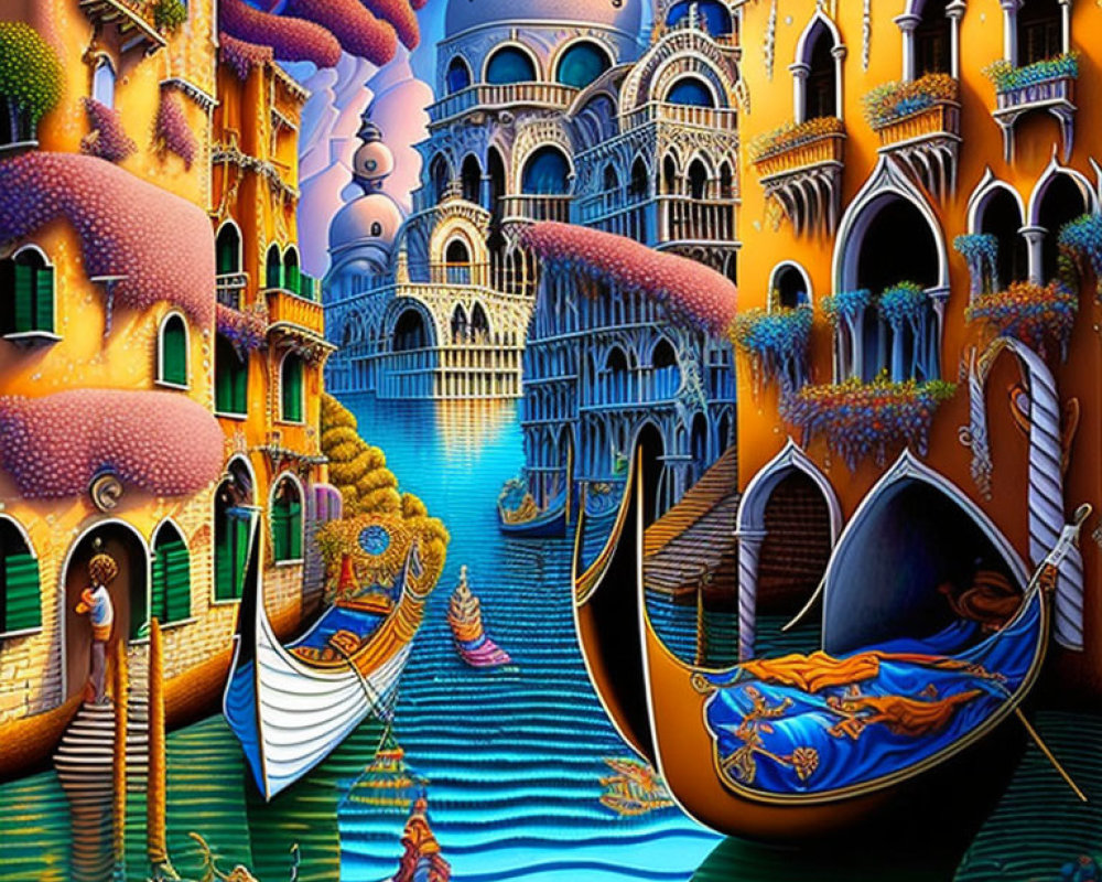 Colorful Venetian Scene with Gondola and Whimsical Buildings