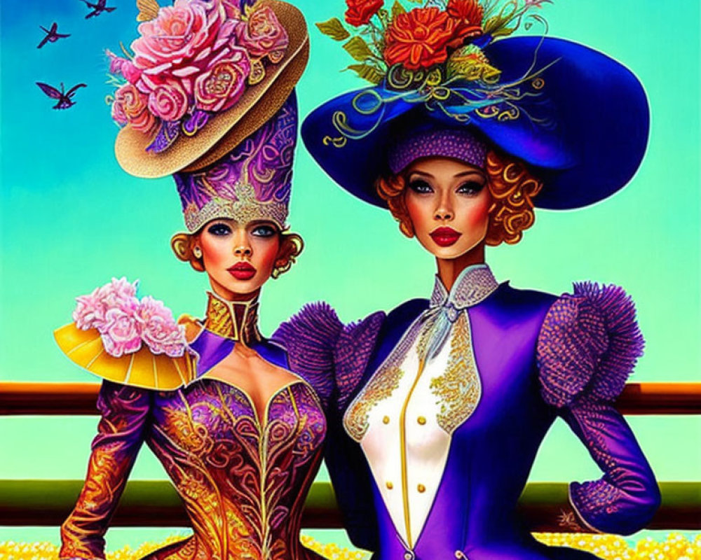 Two women in elaborate costumes and oversized hats against colorful backdrop with birds.